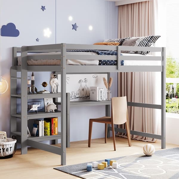 slide 2 of 9, Gray Wooden Loft Bed with 3-Layer Shelves, Desk, and Writing Board, Full-Length Guardrail Full - Gray
