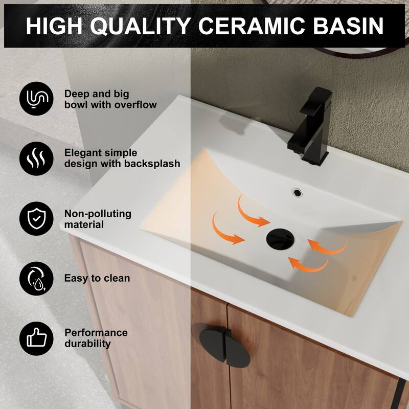 GDFStudio - Levistar Modern Freestanding Bathroom Vanity Cabinet with Ceramic Sink, Soft Close Doors & Metal Tripod - 30"