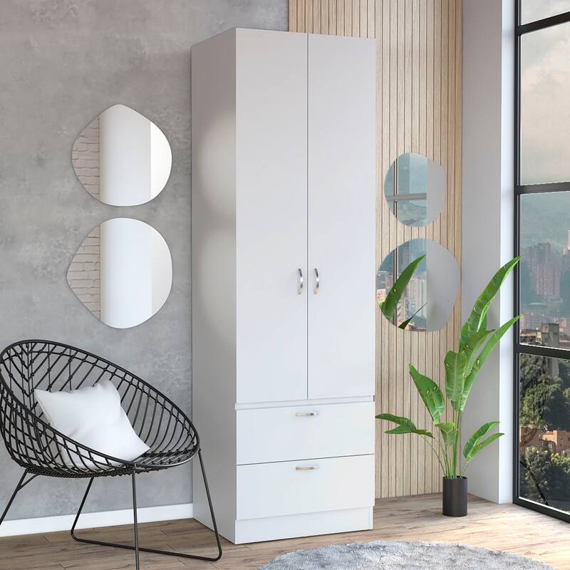 19.5" Modern Double-door Armoire with 2 Drawers, One Shelf and Hanging Rod - White