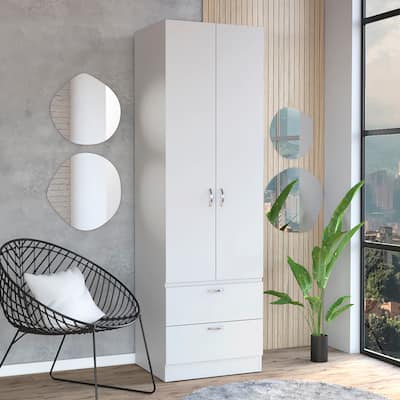 19.5" Modern Double-door Armoire with 2 Drawers, One Shelf and Hanging Rod