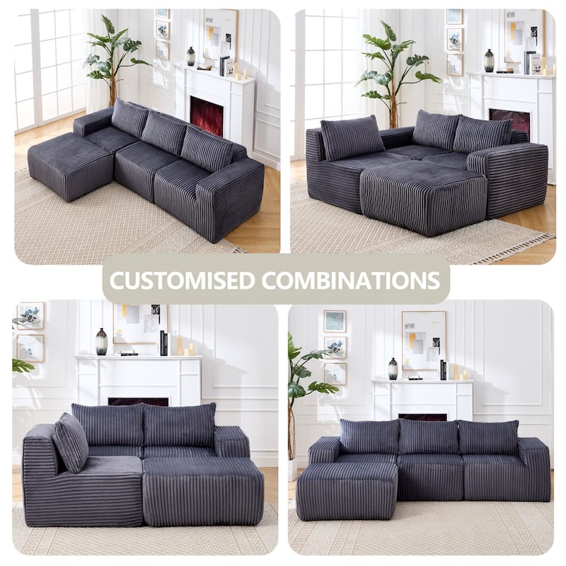 Minimalist Modular Corduroy Cloud Couch, L-shaped Sectional Sofa with Deep Seats and Ottoman Chaise Lounge for Living Room - Dark Grey