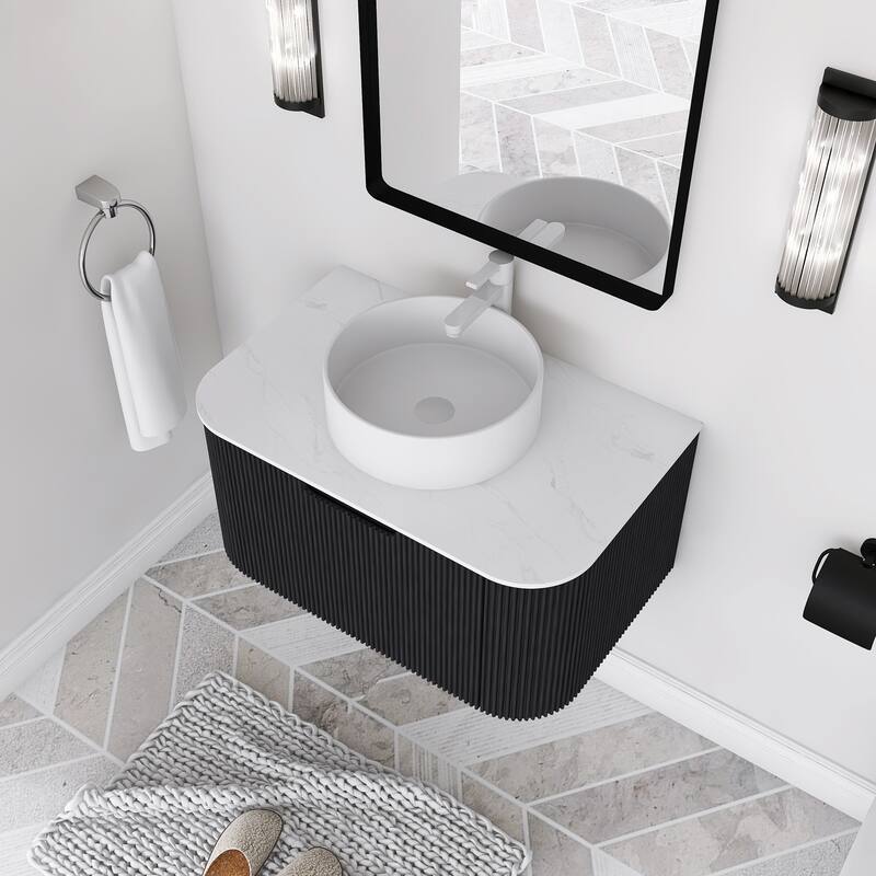 Plywood Wall-Mounted Bathroom Vanity Set with Integrated Ceramic Sink in Natural Wood