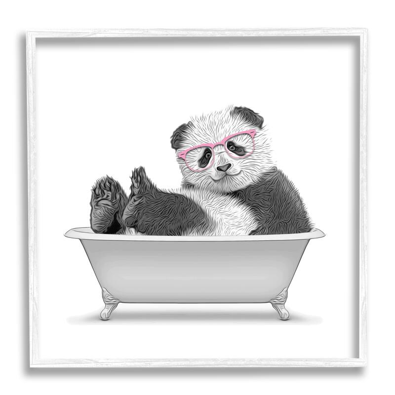 Stupell Quirky Panda Bathtub Pink Glasses Minimal Design Framed Wall Art - Grey