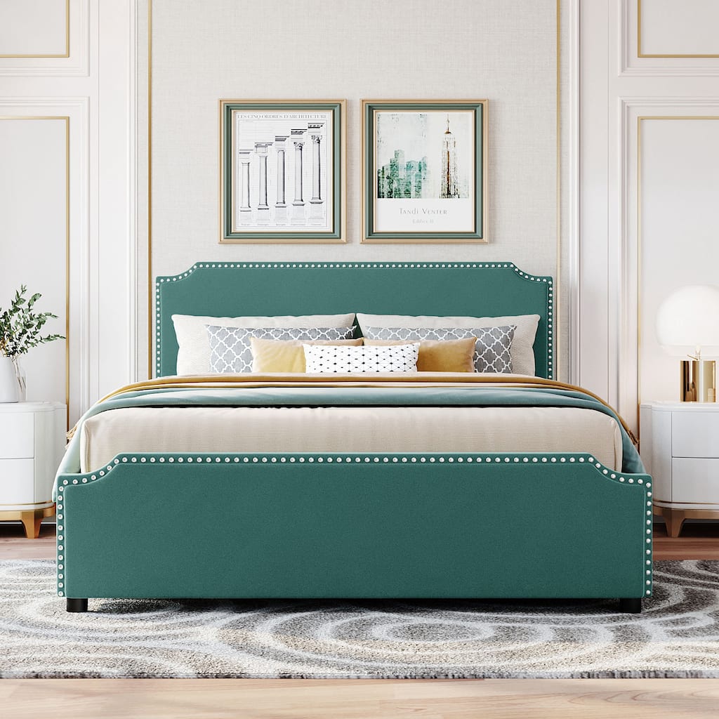 Queen Size Velvet Upholstered Platform Bed with Stud Trim Headboard, Footboard and Drawers