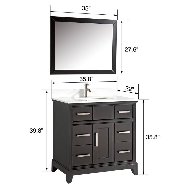 Vanity Art 36" Single Sink Bathroom Vanity Set with Engineered Marble Top and Free Mirror
