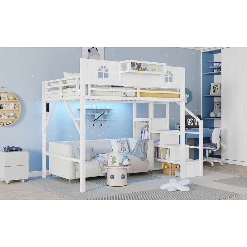 Roomfitters Full/Queen Metal Loft Platform Bed, Staircase Wardrobe and LED Charging Station with House Guardrails for Bedrooms