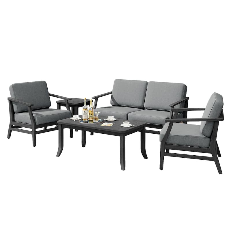 5-Piece Outdoor Teak Wood Patio Conversation Set with Cushions