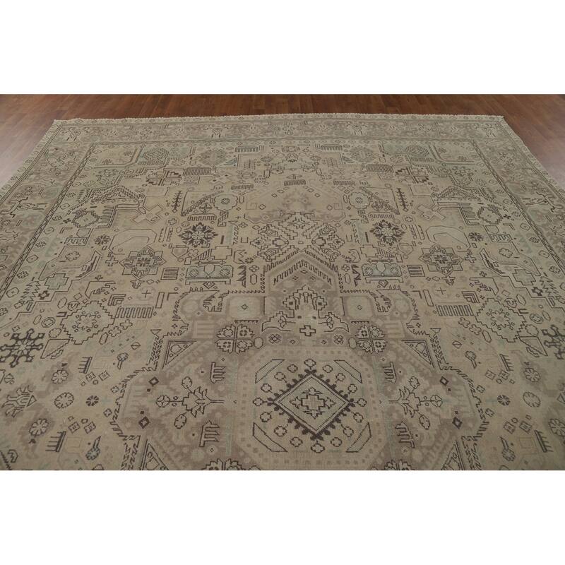 Distressed Geometric Tabriz Vintage Persian Rug Handmade Wool Carpet - 9'7" x 13'1"