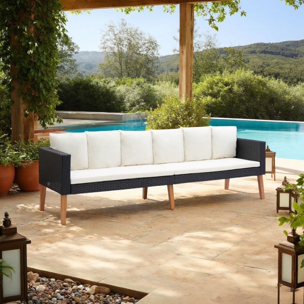 3 Seater Outdoor Sofa with White Fabric Cushions, Black Rattan 86 Inch