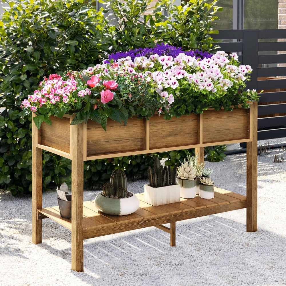 Moasis Poly Wood Raised Garden Bed Planter Box Stand Weather Resistant with Legs and Storage Shelf