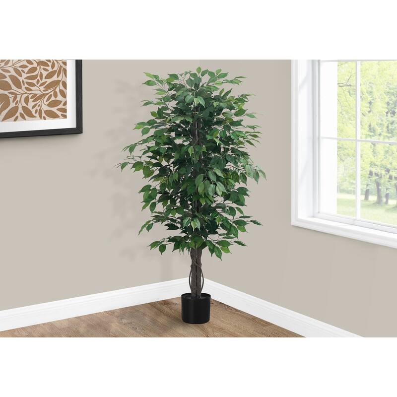 Tall Artificial Ficus Tree - 58" Indoor Floor Plant with Black Pot - Faux Greenery Decor - Green - 58