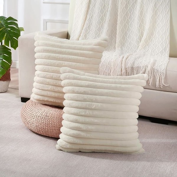 Modern Stripe Faux Fur Square Throw Pillows (Set of 2) - White