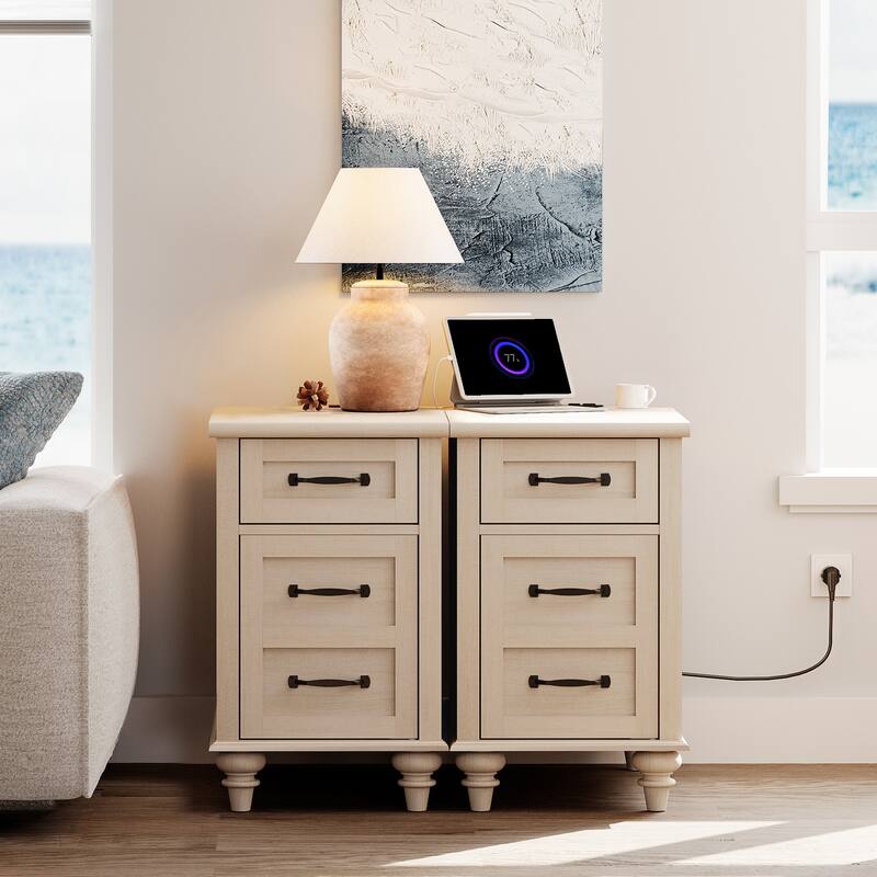 End Table with Charging Station, Side Table with Storage, 2 Power outlets & 2 USB Ports for Living Room