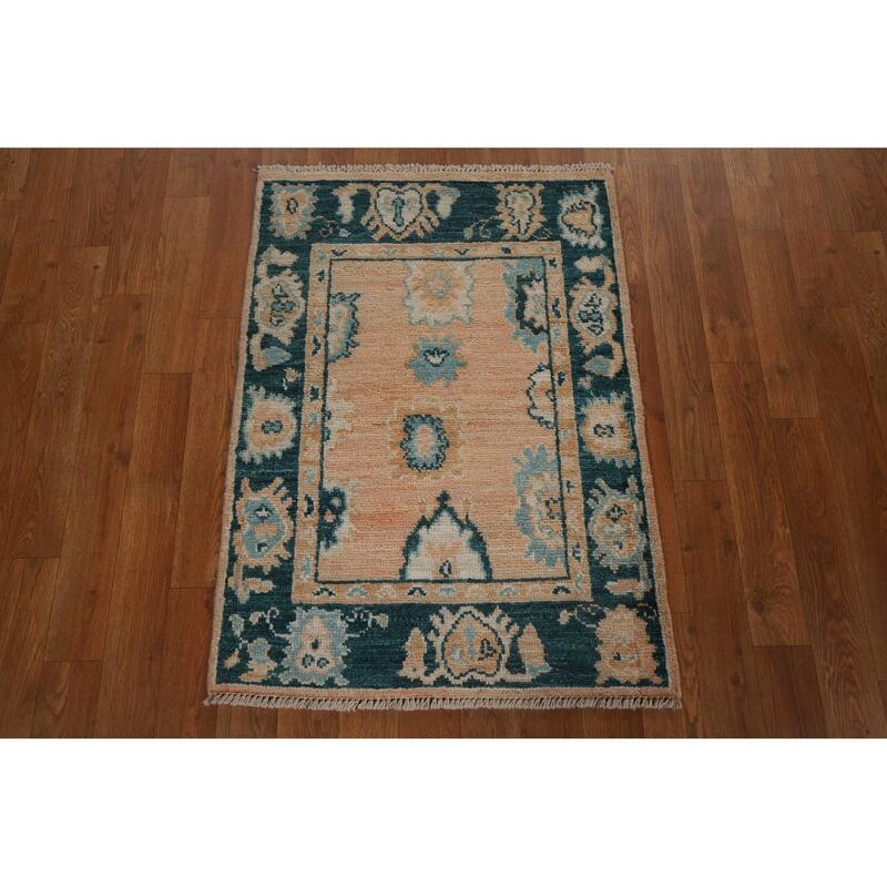 Hand Knotted Oriental 100% Wool Carpet Transitional Geometric Peach Oushak Area Rug - 2' 11'' X 2' 1''