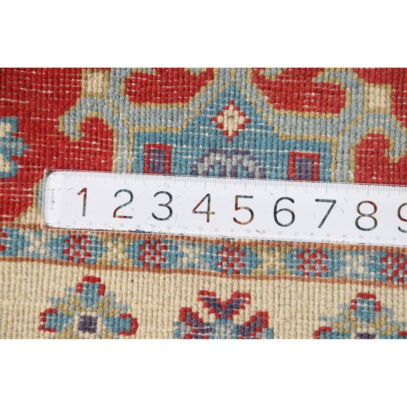 Red Geometric Kazak Foyer Rug Hand-Knotted Traditional Wool Carpet - 2'0" x 3'0"