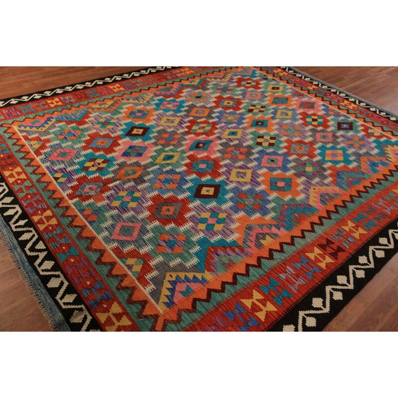 Geometric Kilim Oriental Area Rug Multi-Color Hand-Woven Wool Carpet - 8'3"x 9'10"
