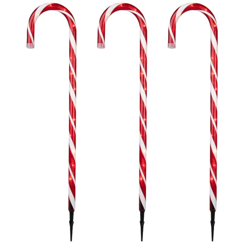 Lighted Candy Cane Outdoor Christmas Pathway Markers- Clear Lights - 28" White Wire - 3ct - Red