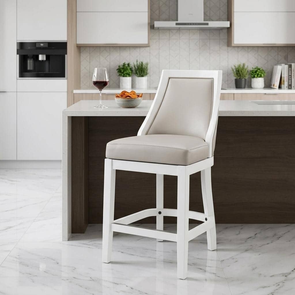 HomeRoots 26" Gray And White Faux Leather And Solid Wood Counter Height Swivel Bar Chair