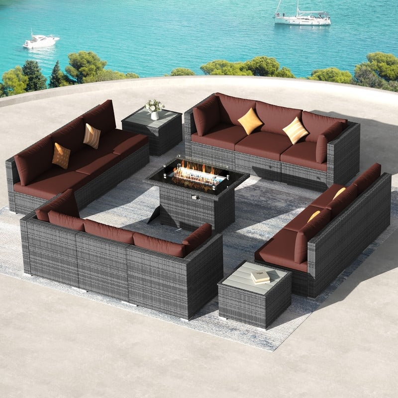 FINCATI 15-Piece Grey Wicker Patio Conversation Set with 43" Fire Pit