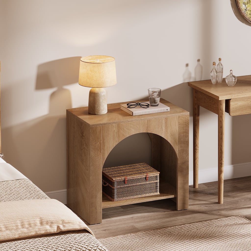 Nightstand 2 Tiers Side Table with Storage Shelf Farmhouse Bedside Table for Bedroom