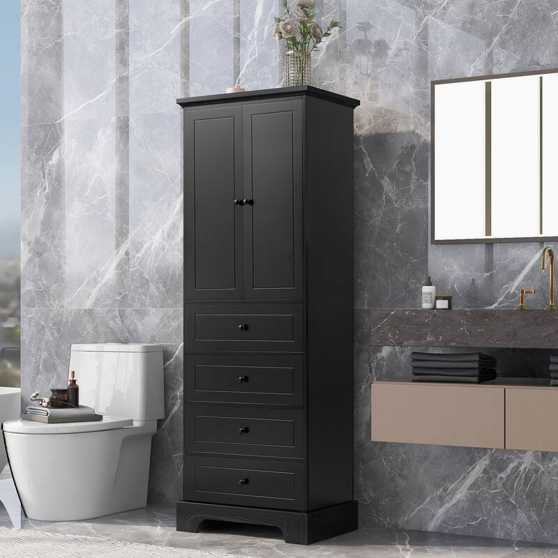 Retro Style Double Door Cabinet with 4 Storage Drawers, Round Metal Knobs and Adjustable Shelves for Bathroom Living Room Office