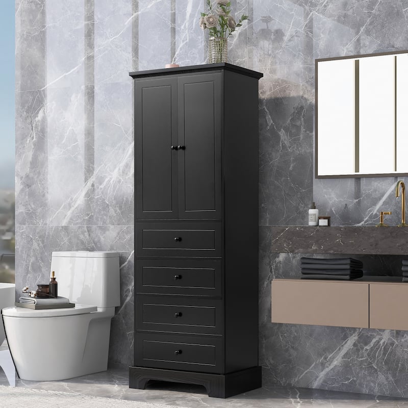Storage Cabinet with 2 Doors and 4 Drawers for Bathroom, Office, Adjustable Shelf, MDF Board with Painted Finish - Black