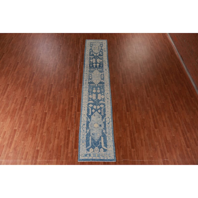 Hand Knotted Oriental 100% Wool Carpet Transitional Geometric Navy Blue & Blues Oushak Runner Rug - 15' 2'' X 2' 10''