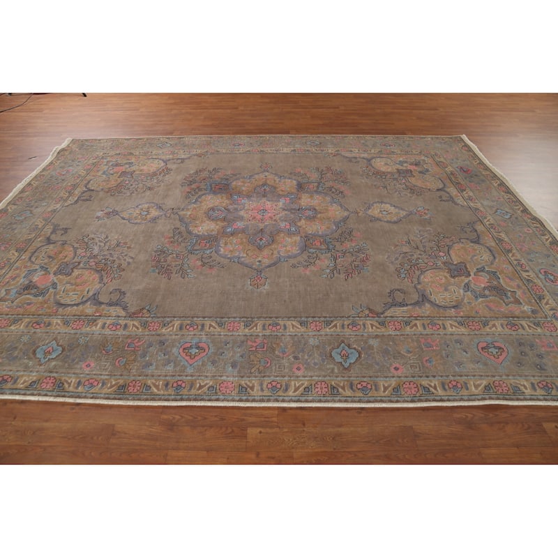 Distressed Brown Tabriz Persian Antique Rug Hand-Knotted Wool Carpet - 8'2"x 11'0"