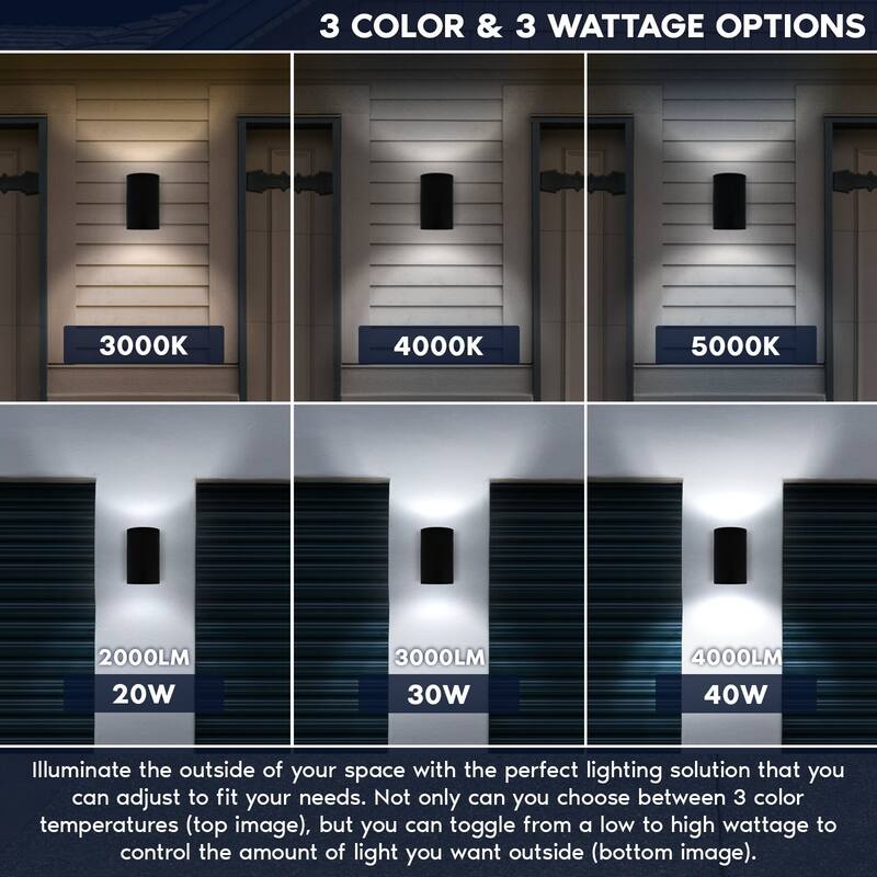 Luxrite Dusk to Dawn LED Modern Outdoor Wall Light, 12", Up or Up and Down Light, 3CCT 3000K-5000K, 20/30/40W, IP65, ETL