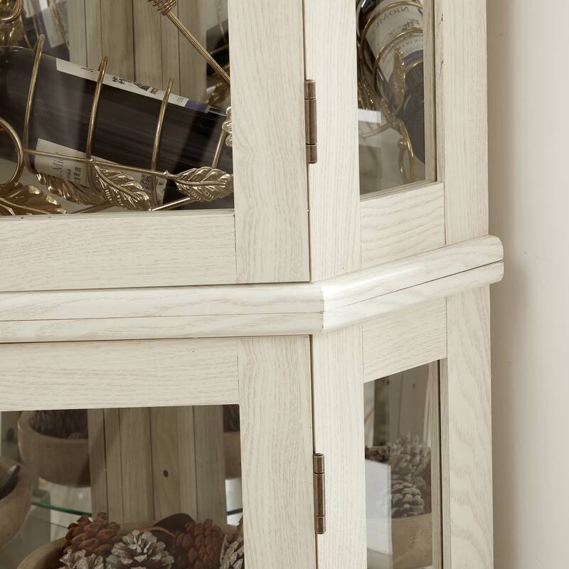 Lighted Corner Curio Display Cabinet, Wooden Curio Cabinet with Mirrored Back Panel, Bar Cabinet with Tempered Glass Doors