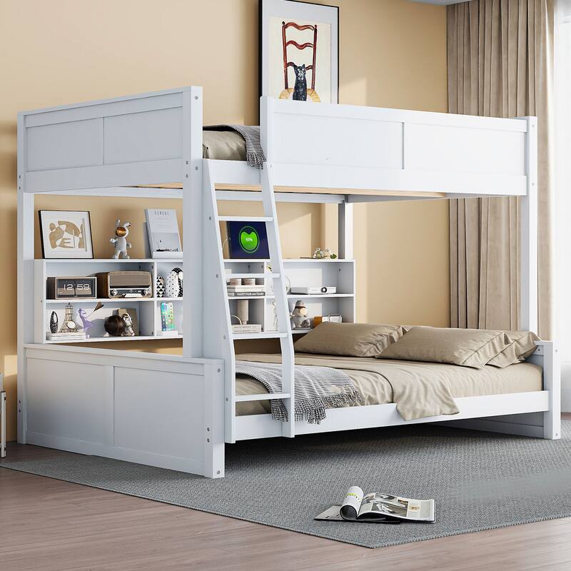 Twin&Full XL over Queen Bunk Bed with Storage Cabinets and USB Ports