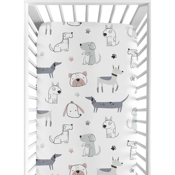 slide 2 of 6, Sweet Jojo Designs Dog Boy Fitted Crib Sheet Neutral Grey Taupe Blue Modern Puppy Pet Watercolor Bulldog Wiener Doggy Paw Print