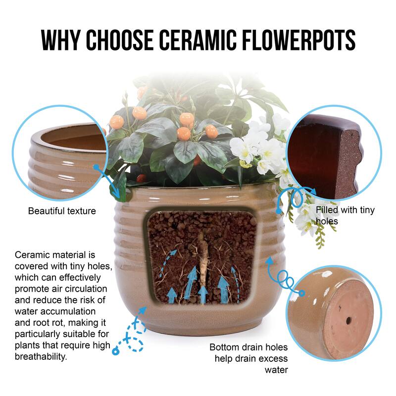 Anmytek Ceramic Planter Set of 3 with Drainage for Indoor Outdoor