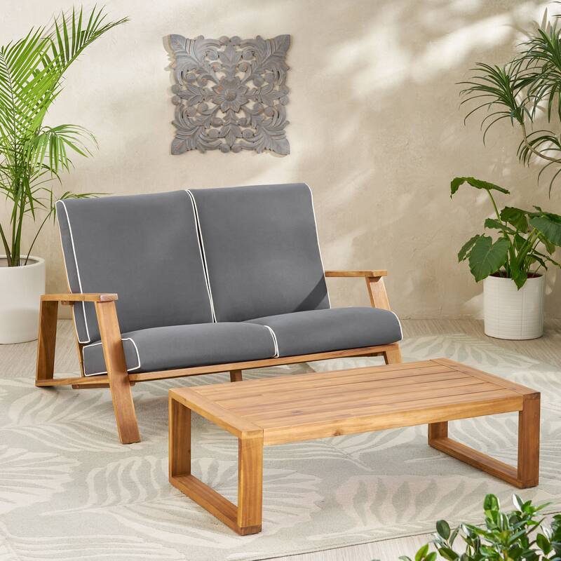 Outdoor Loveseat & Coffee Table Set, Modern 2-Seater Wooden Sofa with Durable Weather-Resistant Design for Patio, Balcony