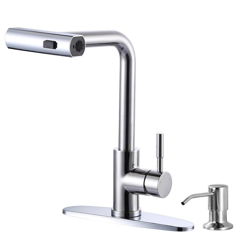 WOWOW Single Handle Waterfall Pull Down Sprayer Kitchen Faucet - With Soap Dispenser - Polished Chrome