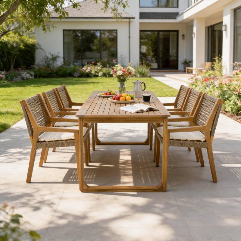 Christopher Knight Home - Ronan Outdoor Acacia Wood Dining Set with Wicker Back Chairs & Curved Leg Dining Table, Teak Finish