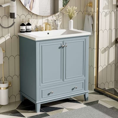 30'' Solid Wood Bathroom Vanity with Multifunctional Cabinet, Drawers, and Ceramic Sink
