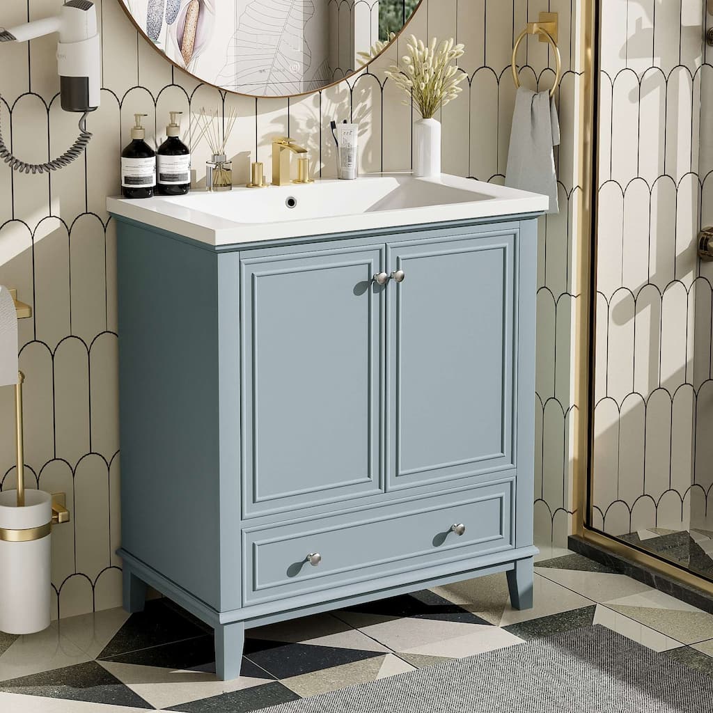 30'' Solid Wood Bathroom Vanity with Multifunctional Cabinet, Drawers, and Ceramic Sink