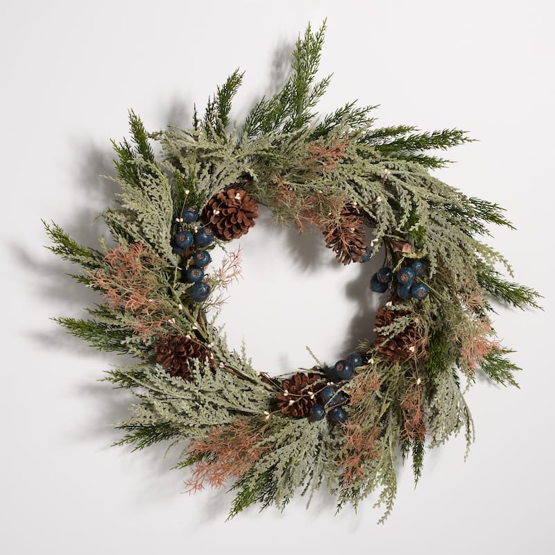 SAFAVIEH Tricia Faux 24 Inch Pine Wreath with Pine Cones & Blueberries - Green/Blue - 24" W x 24" D x 7" H - 24Wx24Dx7H