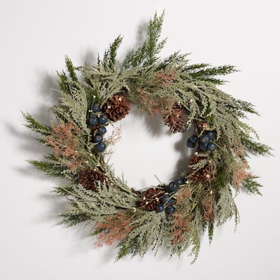 SAFAVIEH Tricia Faux 24 Inch Pine Wreath with Pine Cones & Blueberries - Green/Blue - 24" W x 24" D x 7" H - 24Wx24Dx7H