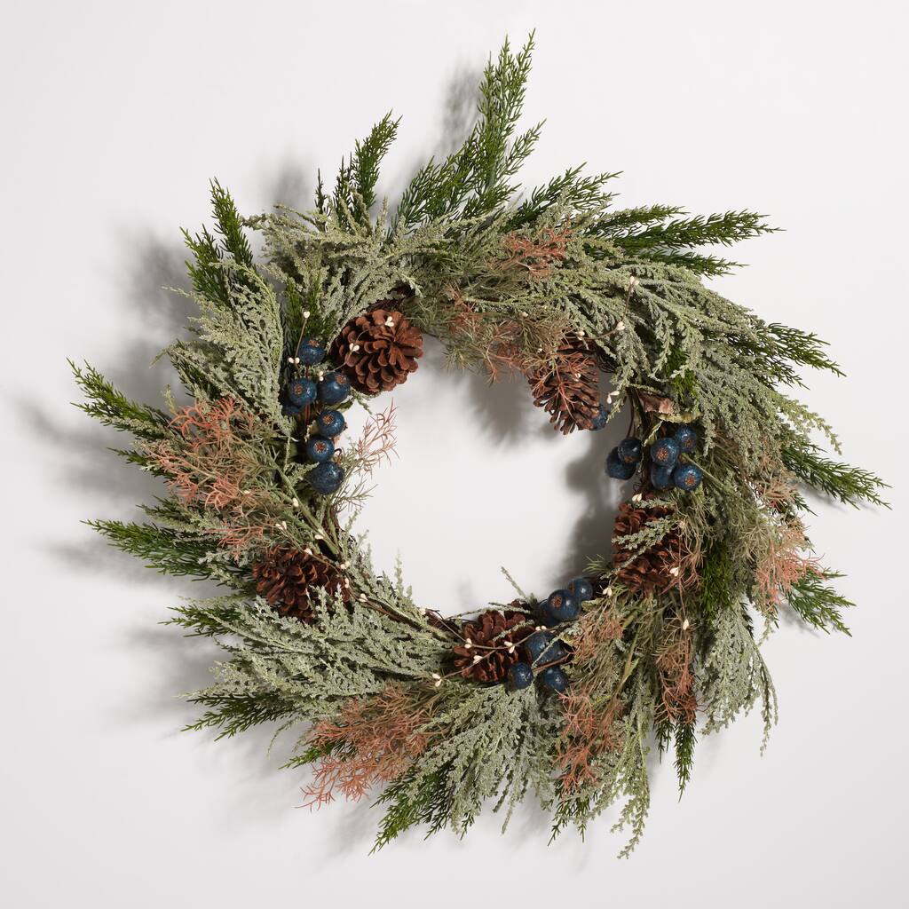 SAFAVIEH Tricia Faux 24 Inch Pine Wreath with Pine Cones & Blueberries - Green/Blue - 24" W x 24" D x 7" H - 24Wx24Dx7H