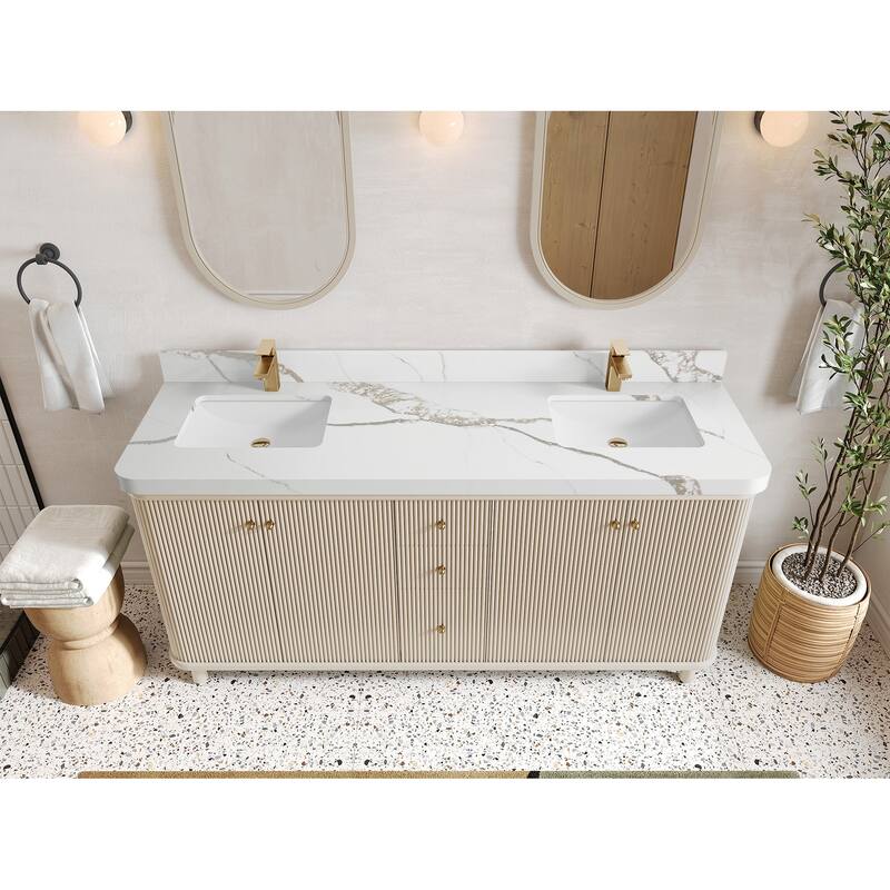 Willow Collections 72 in. W x 22 in. D Reeded Miami Double Bowl Sink Bathroom Vanity with Countertop - 2”Calacatta Gold - Fine Grain