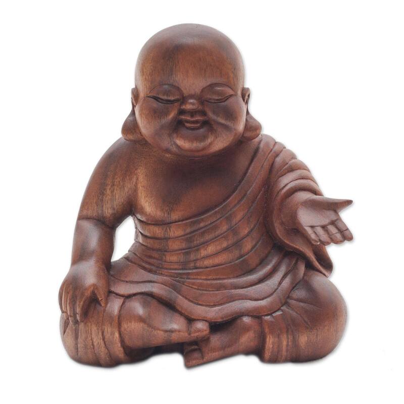 Novica Handmade Tranquil Buddha Wood Sculpture - 6.25" H x 5.5" W x 3.5" D