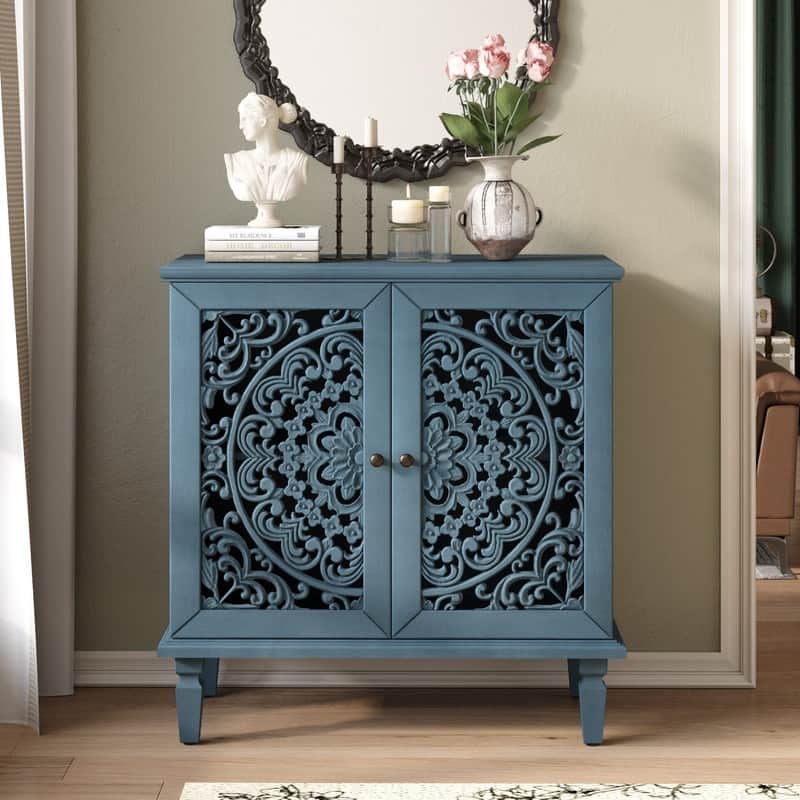 2-Door Vintage Hollow-Carved Accent Cabinet with Symmetrical Floral Design and Adjustable Storage Shelf