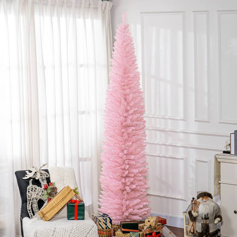 8FT Artificial Slim Pencil Christmas Tree with 618 Realistic Branch Tips & Plastic Stand