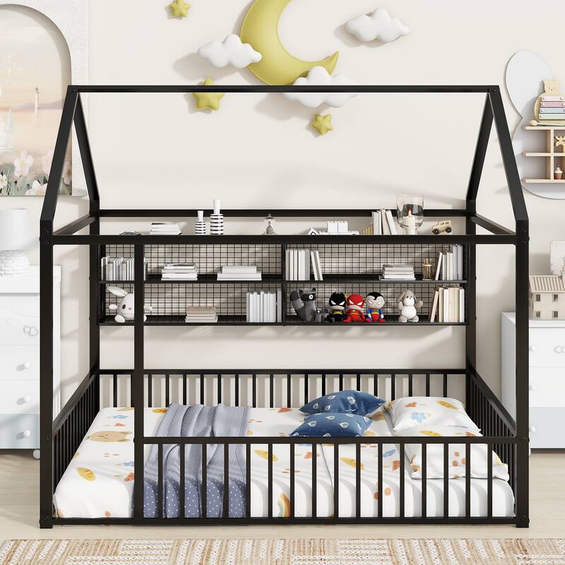 Full Metal House Bed Frame with Shelves and Fence, Unique Design for Kids