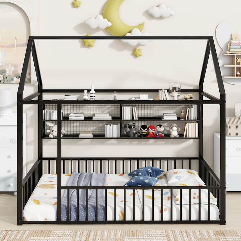 Metal Floor House Bed Frame with Fence and Shelves