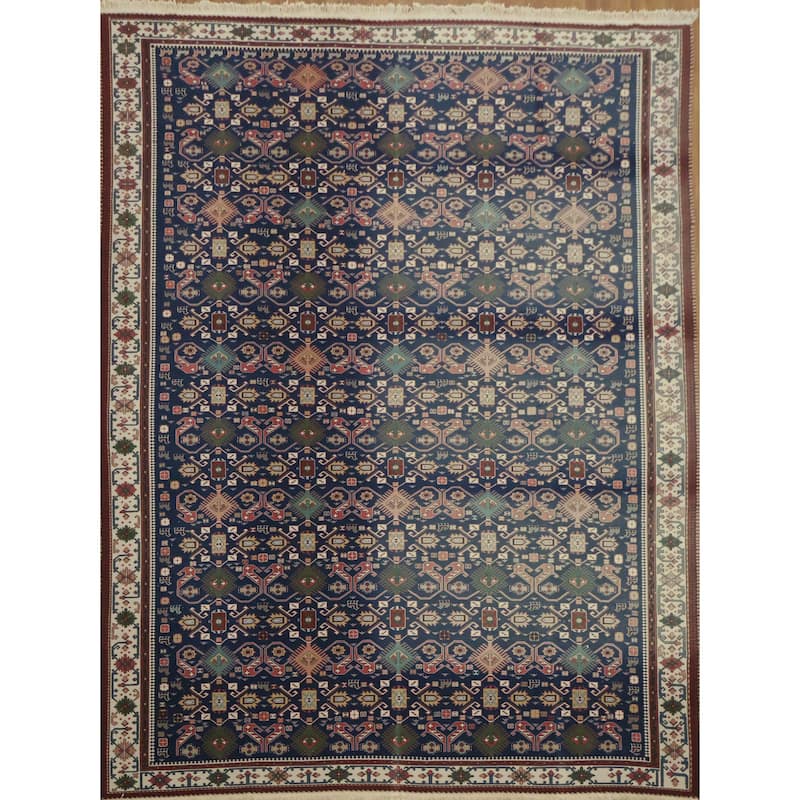 Hand Woven Oriental 100% Wool Carpet Traditional Geometric Navy Blue & Blues Sumak Area Rug - 14' 0'' X 10' 6''