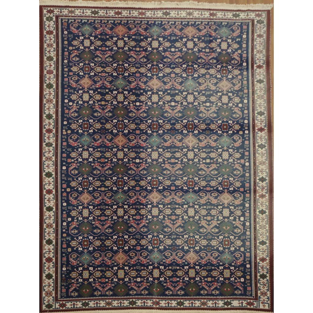 Hand Woven Oriental 100% Wool Carpet Traditional Geometric Navy Blue & Blues Sumak Area Rug - 14' 0'' X 10' 6''