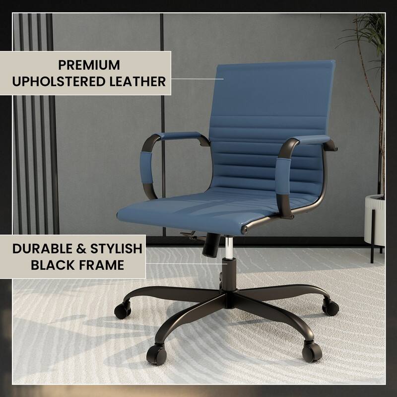 Harris Leather Mid-Back Adjustable Seat Height Office Desk Computer Swivel Chair in Black Metal Frame for Home Conference